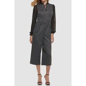 Tommy Hilfiger Women's Gray Herringbone Self Tie Neck Cropped Jumpsuit Size 8